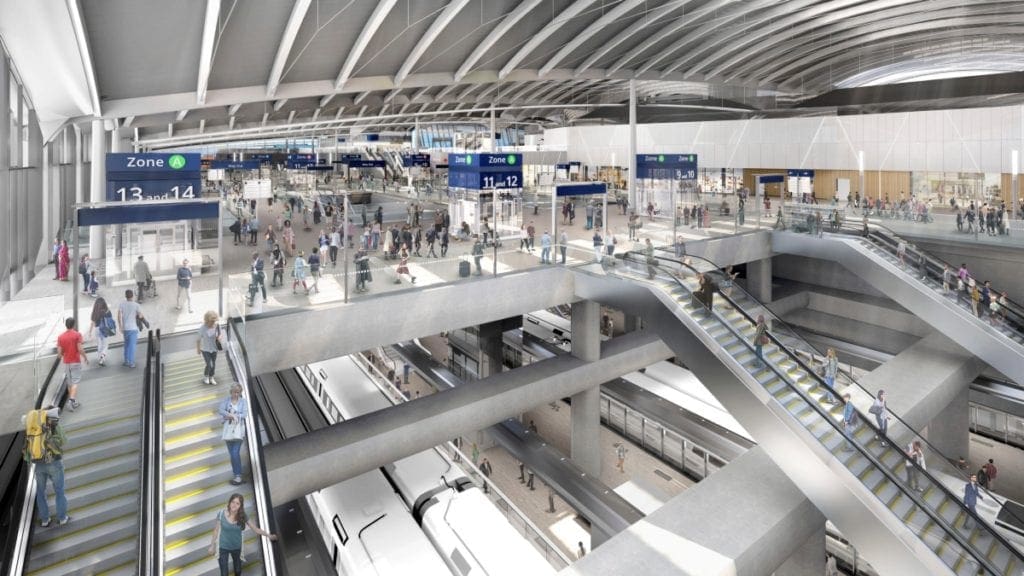 Interior view of the terminal with escalators and multi-stories.